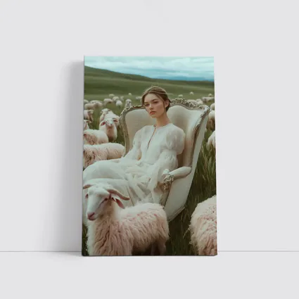 Woman in White Dress Among Sheep Field