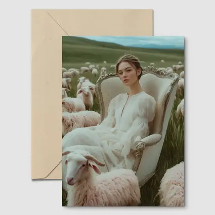 Woman in White Dress Among Sheep Field