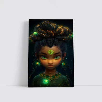 Fantasy Girl Glowing Green Eyes Dark Background