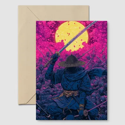 Samurai Warrior Rising Against Pink Moon