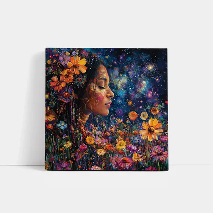 Woman Profile Wildflowers Cosmic Night Sky Art