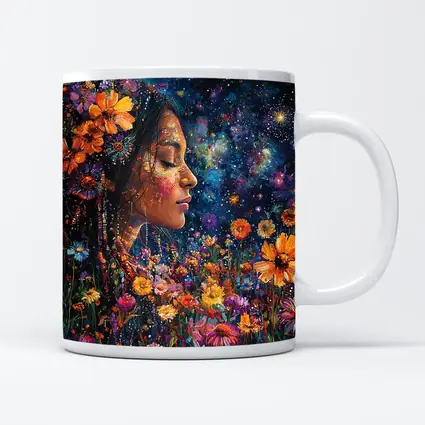 Woman Profile Wildflowers Cosmic Night Sky Art