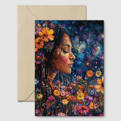 Woman Profile Wildflowers Cosmic Night Sky Art