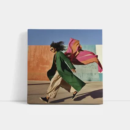 Woman Green Coat Walking Colorful Urban Wall