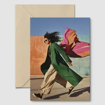 Woman Green Coat Walking Colorful Urban Wall