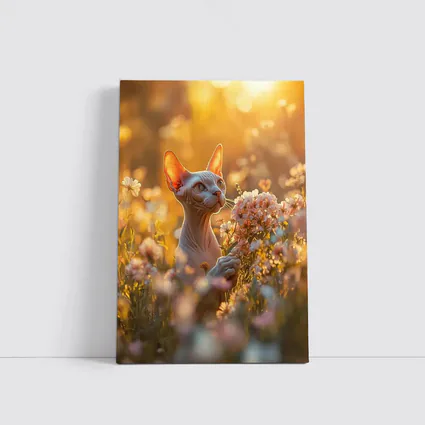 Sphynx Cat Among Pink Wildflowers Golden Hour