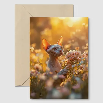 Sphynx Cat Among Pink Wildflowers Golden Hour