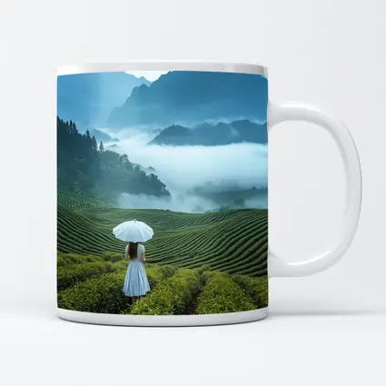 Woman With Umbrella In Misty Tea Fields
