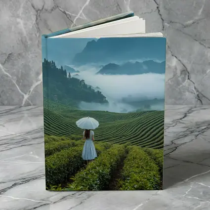 Woman With Umbrella In Misty Tea Fields