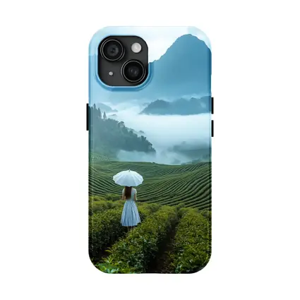 Woman With Umbrella In Misty Tea Fields