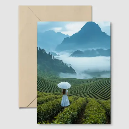 Woman With Umbrella In Misty Tea Fields