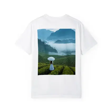 Woman With Umbrella In Misty Tea Fields