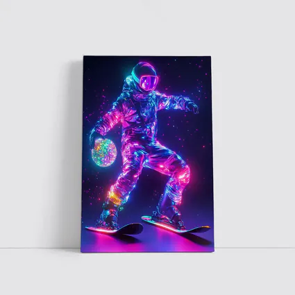 Neon Astronaut Snowboarding Through Cosmic Space