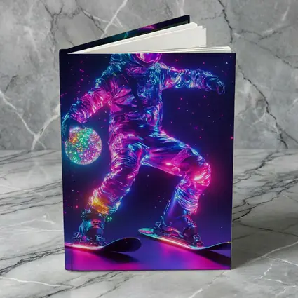 Neon Astronaut Snowboarding Through Cosmic Space