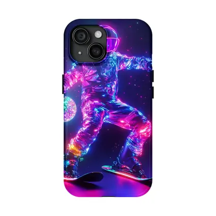 Neon Astronaut Snowboarding Through Cosmic Space