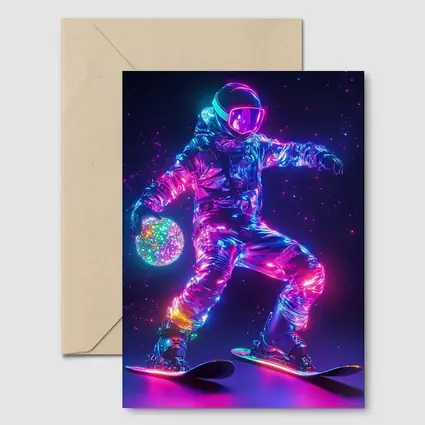 Neon Astronaut Snowboarding Through Cosmic Space