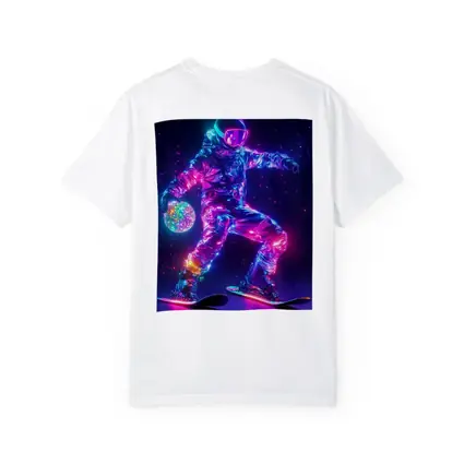 Neon Astronaut Snowboarding Through Cosmic Space