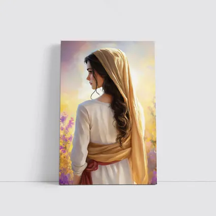 Biblical Woman Golden Veil Floral Background