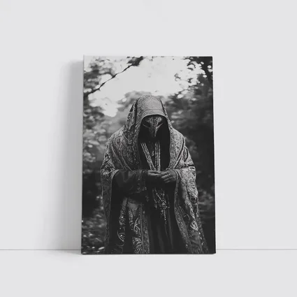 Hooded Mysterious Figure Forest Black White