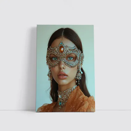 Woman Jeweled Masquerade Mask Orange Dress
