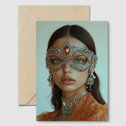 Woman Jeweled Masquerade Mask Orange Dress