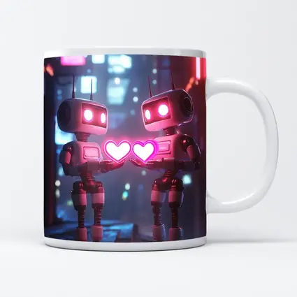 Two Robots Holding Hearts Neon City