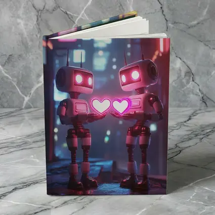 Two Robots Holding Hearts Neon City
