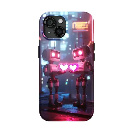 Two Robots Holding Hearts Neon City