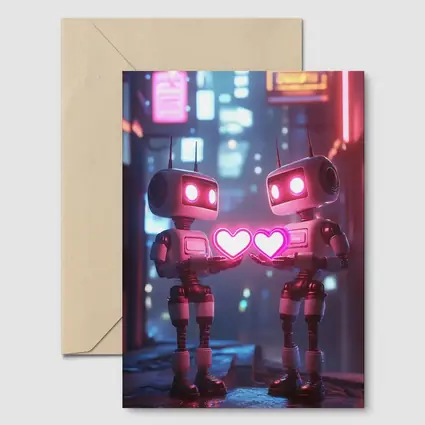 Two Robots Holding Hearts Neon City