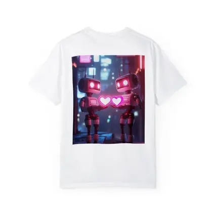 Two Robots Holding Hearts Neon City