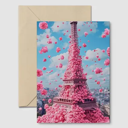 Pink Roses Covering Eiffel Tower Paris Sky