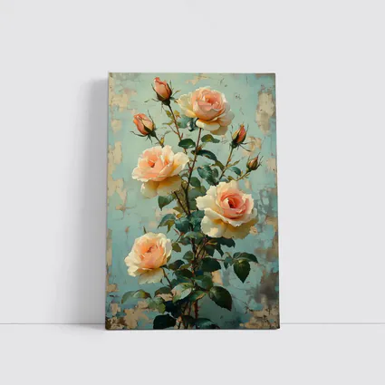 Peach Roses Painting Distressed Blue Background