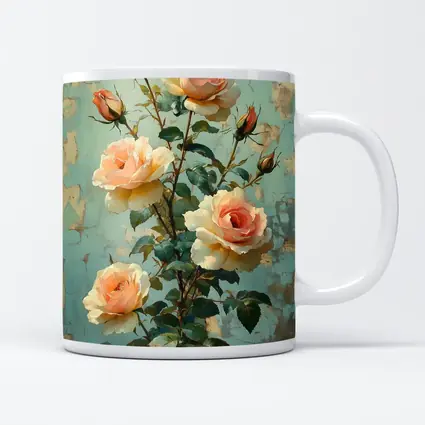 Peach Roses Painting Distressed Blue Background