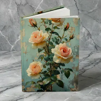 Peach Roses Painting Distressed Blue Background