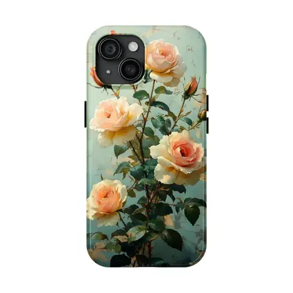 Peach Roses Painting Distressed Blue Background