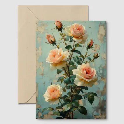 Peach Roses Painting Distressed Blue Background