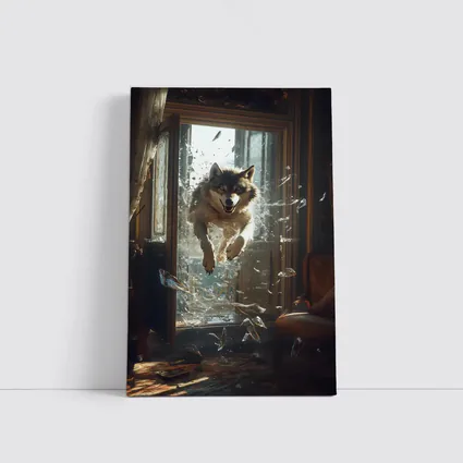 Wolf Leaping Through Shattered Glass Window