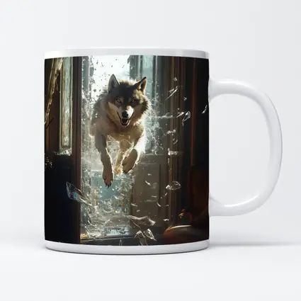 Wolf Leaping Through Shattered Glass Window