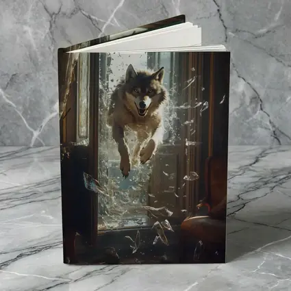 Wolf Leaping Through Shattered Glass Window