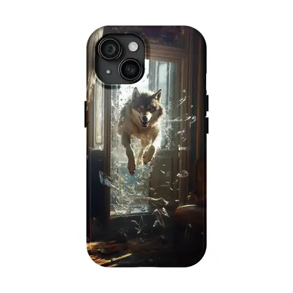 Wolf Leaping Through Shattered Glass Window