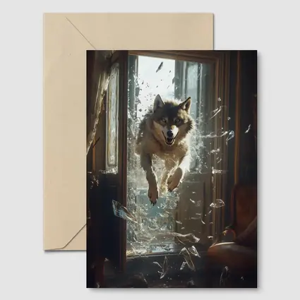 Wolf Leaping Through Shattered Glass Window