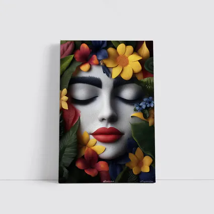 Woman Face Tropical Flowers Colorful Leaves