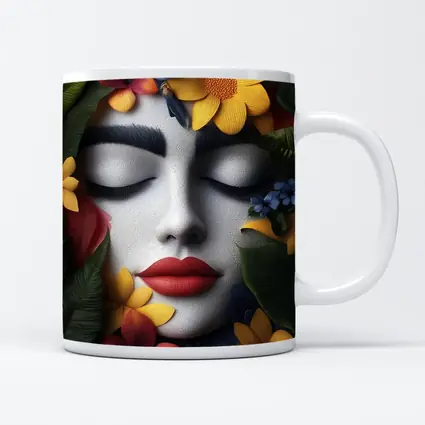 Woman Face Tropical Flowers Colorful Leaves