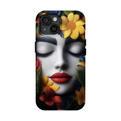 Woman Face Tropical Flowers Colorful Leaves