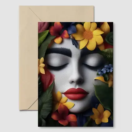Woman Face Tropical Flowers Colorful Leaves