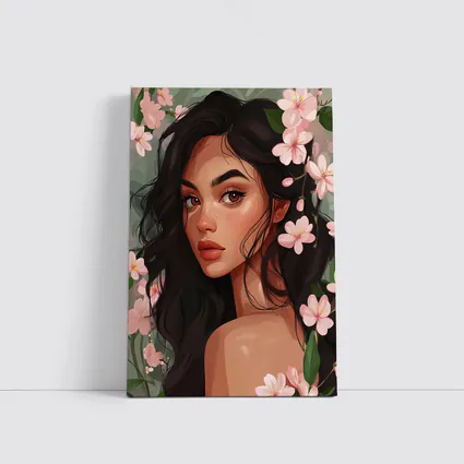 Dark Hair Woman Pink Cherry Blossoms Illustration