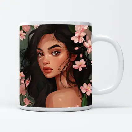 Dark Hair Woman Pink Cherry Blossoms Illustration