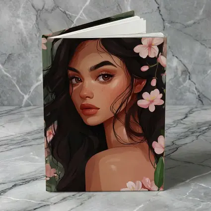 Dark Hair Woman Pink Cherry Blossoms Illustration
