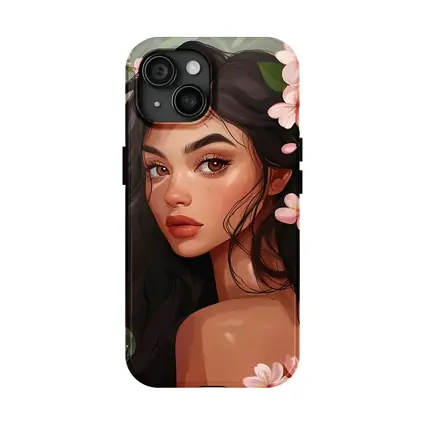 Dark Hair Woman Pink Cherry Blossoms Illustration