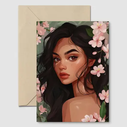 Dark Hair Woman Pink Cherry Blossoms Illustration